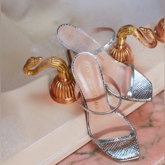 Stuart Weitzman Aleena Silver Metallic Leather Sandals 8.5 - Picture 2 of 11